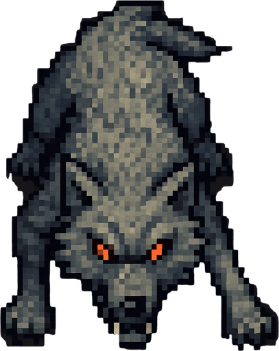 “Top-down 2D pixel art of a light gray wolf with glowing red eyes. The wolf is in an aggressive stance, body low and tense as if ready to pounce or stalking prey. Fur is rough and slightly wind-blown. Viewed directly from above, with visible head, back, legs, and tail. Designed as a game sprite with a hostile and wild appearance.”.
In-Game asset.  2d.  High contrast.  No shadows