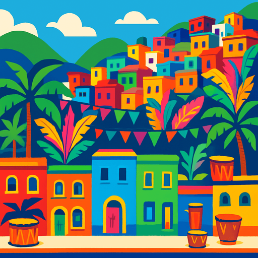 A Rio-style cityscape with colorful houses, palm trees, and carnival decorations. Bright and fun atmosphere for samba drums..
In-Game asset.  2d.  High contrast.  No shadows