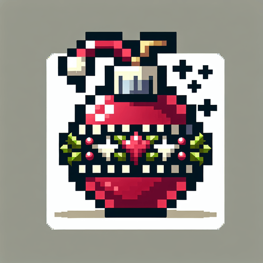 16 bit CHRISTMAS bomb power up icon.
Single Game Texture. In-Game asset. 2d. Blank background. High contrast. No shadows.