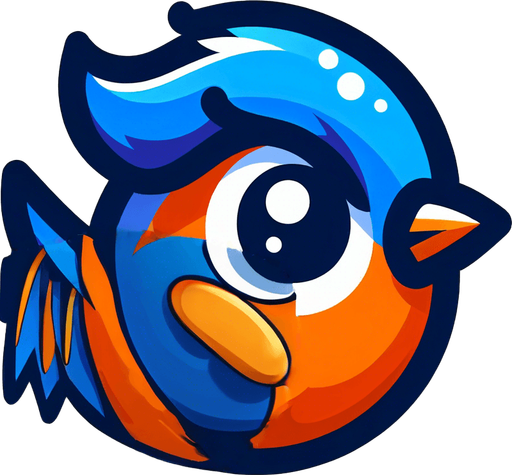 Blue wing flapped up on orange bird. Cartoon style. Dark blue outlines.