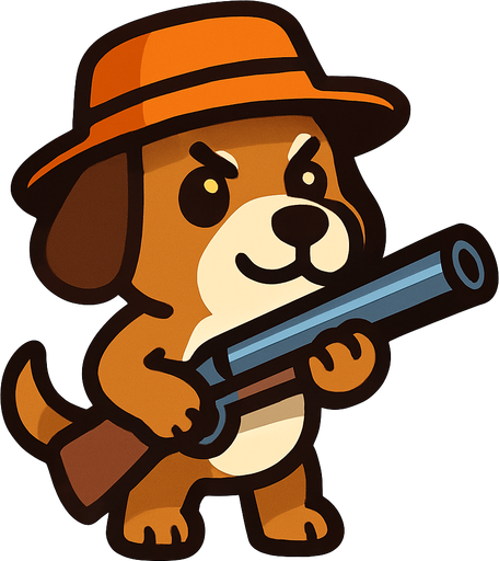 a dog cute dog with a hat and a shotgun.
In-Game asset.  2d.  High contrast.  No shadows