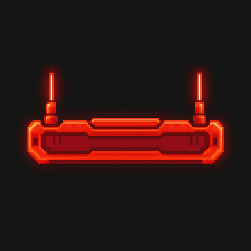 A horizontal glowing paddle for a 2D breakout-style arcade game.
Make it bright red with a futuristic laser cannon design.
The paddle should have two small laser emitters on each side pointing upward.
Style: minimal, pixel-art or arcade-style, flat background.
Top-down view, transparent background, centered.
Resolution: 512x128 px..
In-Game asset.  2d.  High contrast.  No shadows