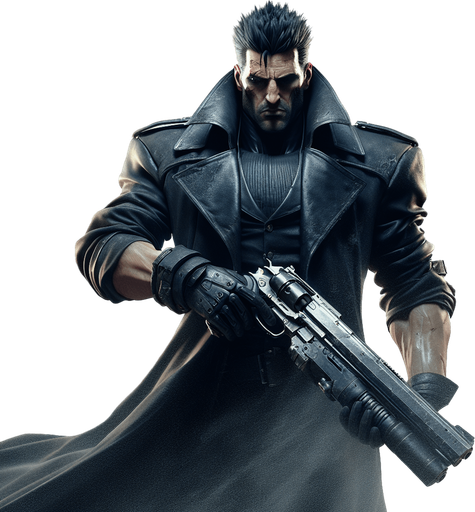 A muscular, imposing man with short spiky black hair, dark eyes, and a cold expression. He wears a long, dark trench coat and carries a large gun. His body language is strong and aggressive, with a gritty, rugged look, evoking a sense of danger. The background is desolate, with dusty windblown landscapes, reflecting the harsh environment of the anime world. The atmosphere should feel intense and full of tension, emphasizing his role as a tough, battle-hardened character.".
Single Game Texture. In-Game asset. 2d. Blank background. High contrast. No shadows.