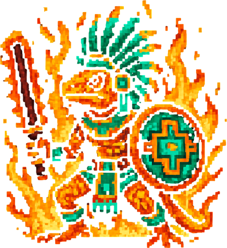 Generame un guerrero azteca con patrones, estilo pixelar, ademas sera una iguana humanoide, con efectos de fuego.
In-Game asset.  2d.  High contrast.  No shadows