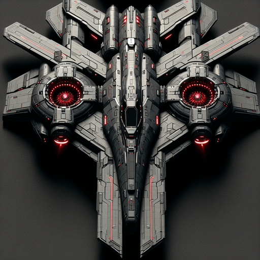 A 2D top-down view of an alien spaceship with a dark metallic body, glowing red energy cores, and sharp angular wings. The design is sleek and futuristic, suitable for a space shooter game..
Single Game Texture.  2d.  Blank background.  High contrast.  No shadows