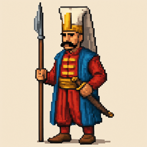 pixel detailed A Janissary of the Ottoman Empire.
In-Game asset.  2d.  High contrast.  No shadows