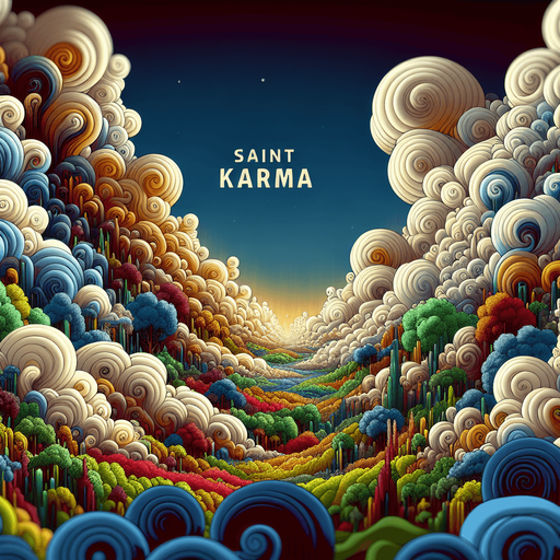 epic landscape intro in the clouds. cartoon 2d style. It has the title: "Saint Karma"
