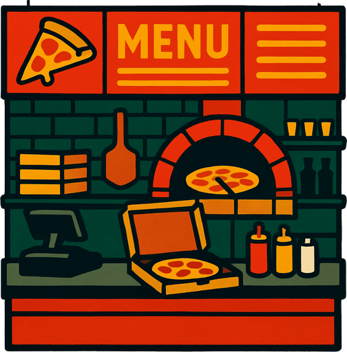 Pizza shop.
In-Game asset.  2d.  High contrast.  No shadows. 4k