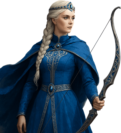 A noblewoman-archer dressed in royal blue and silver, standing on a hilltop during dawn. Female, 30 years old, graceful but strong, with long platinum blonde hair in a braid, storm-grey eyes, and porcelain skin. She wears a sapphire-encrusted circlet and carries an ornate elven longbow. Her cloak flutters in the wind. Realistic, highly detailed, elegant fantasy tone. relistic.
In-Game asset.  2d.  High contrast.  No shadows