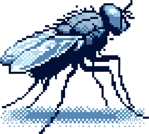 Simple side view of a pixel art fly on a sky blue background 
Single Game Texture. In-Game asset. 2d. Blank background. High contrast. No shadows.