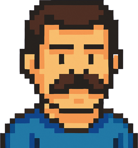 A man with a mustache. In the style of Pixek Art..
In-Game asset.  2d.  High contrast.  No shadows
