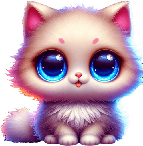 3d cute fluffy colourful kitten big glowing blue eyes.
Single Game Texture. In-Game asset. 2d. Blank background. High contrast. No shadows.