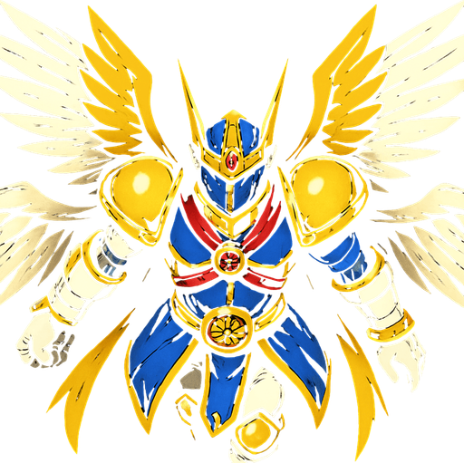 Seraphimon, visto desde arriba, calidad y detalles altamente épicos, Digimon.
In-Game asset.  2d.  High contrast.  No shadows