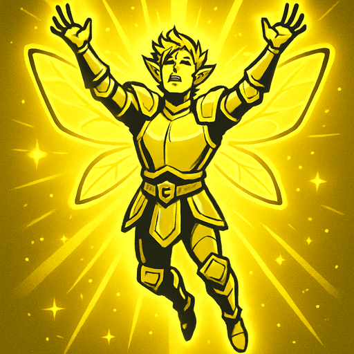 kesatria peri pria seluruh badan bercahaya melayang dengan tangan merengggang keatas.
In-Game asset.  2d.  High contrast.  No shadows