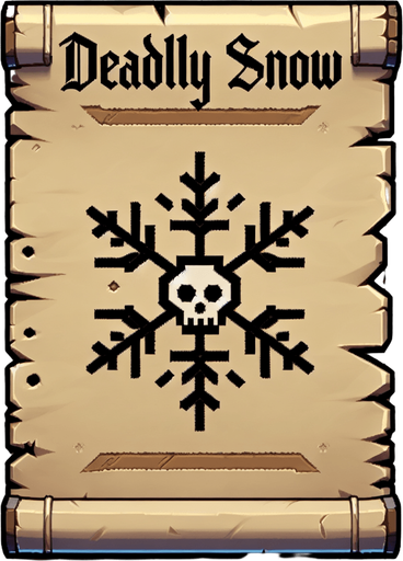 a pergament letter with the name "Deadly Snow". It has a snowflake in shape of a skull on it. Single Game Texture. In-Game asset. 2d. Blank background. High contrast. No shadows.