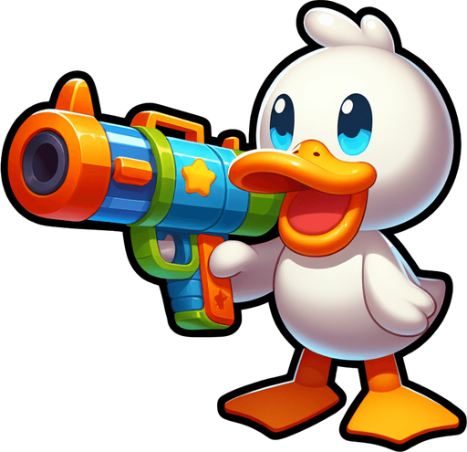 Title game:duck with a gun.
Single Game Texture. In-Game asset. 2d. Blank background. High contrast. No shadows.