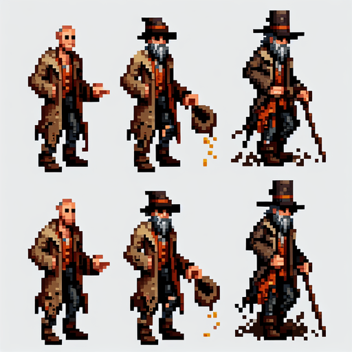 pixel art beggar.
Single Game Texture. In-Game asset. 2d. Blank background. High contrast. No shadows.