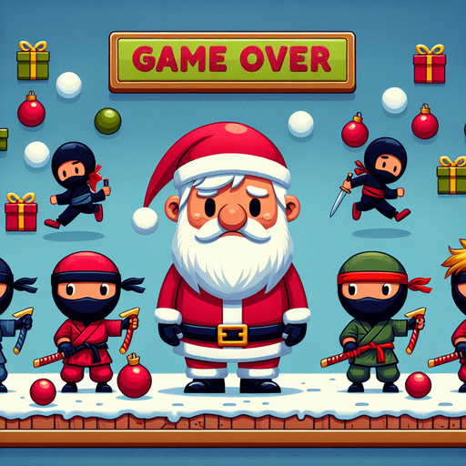 A game over screen for the game "Snowball Santa". Santa is very sad because all the presents has been stolen from ninja kids.
Single Game Texture. In-Game asset. 2d. Blank background. High contrast. No shadows.
