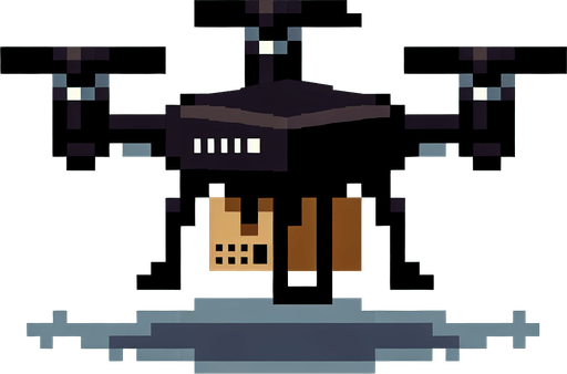 Cartoon. 8-bit. Delivery dron. Black color. In game asset. No shadow. Single Game Texture. In-Game asset. 2d. Blank background. High contrast. No shadows.