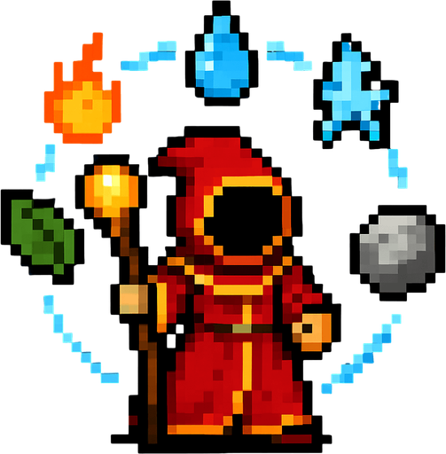A pixel style magician from Magicka who has an arc around him of elements to be casted (fire, water, ice, rock, etc).
In-Game asset.  2d.  High contrast.  No shadows