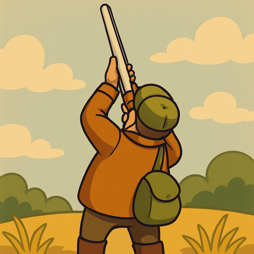 cartoon style back view duck hunter use white shootgun straight vertical shoot act.