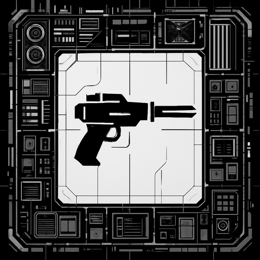 2D Top floor of complicated tower facing the screen to use it as a grid. future. Cyberpunk. abstract. seen from above. HD colors. Black & white colors. No Diagonal assets. Big logo of a cannon firing on the middle of it.