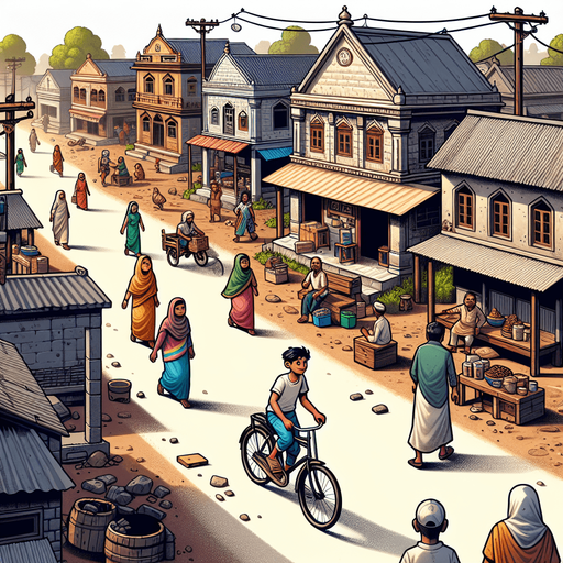 A village a boy run a cycle.
Single Game Texture. In-Game asset. 2d. Blank background. High contrast. No shadows.