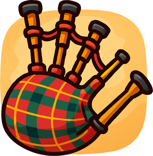 A fun, cartoony illustration of Scottish bagpipes with a tartan pattern. Rounded edges, high-contrast details, and transparent rounded background. Designed as an icon for a world music game..
In-Game asset.  2d.  High contrast.  No shadows