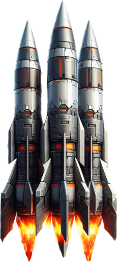a double missile pointing vertically, with fire coming out of the rear
Single Game Texture. In-Game asset. 2d. Blank background. High contrast. No shadows.