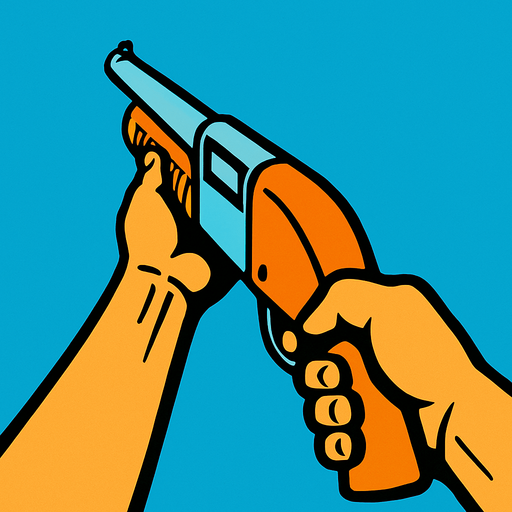 A shotgun with a first person view of somebody holding it.
In-Game asset.  2d.  High contrast.  No shadows