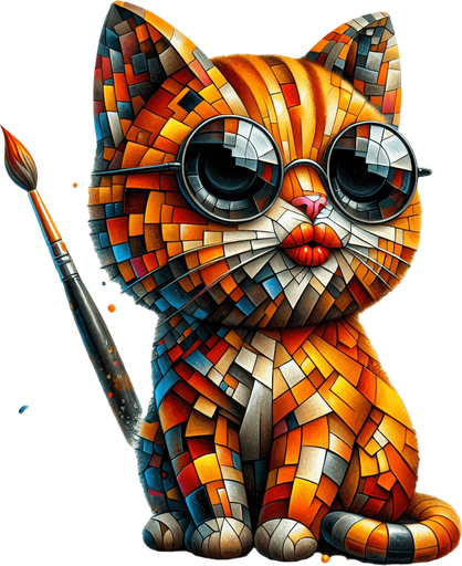 The character is reimagined as an homage to the essence of Picasso's artistry, transforming the cartoon-style orange tabby cat into a figure of abstract fascination. Its once round face now adopts an intriguing assortment of angles and planes, suggestive of Cubism's revolutionary approach, with oversized round black opaque sunglasses, and a pronounced red pout all reinterpreted through geometric distortion. The stripes of the cat's fur morph into a tapestry of fragmented shapes, blending shades and tones in unexpected juxtapositions that challenge conventional perspectives.

Splatters of color across its form not only signify its role as an artist but also pay tribute to Picasso's vibrant palette, with hues that break free from the confines of form and structure. The cat's body, while maintaining its smaller scale compared to its head, is depicted with a cubist's freedom, breaking the boundary between dimension and representation. Clutching a paintbrush, the cat becomes a beacon of creative expression, surrounded by a halo of color and form that defies the ordinary.

Adorned in a simple hoodie, now reimagined as a canvas of abstracted shapes and colors, the cat sits poised, embodying the relaxed yet profoundly transformative essence of Picasso's artistic legacy. This character, through playful abstraction and whimsical creativity, stands as a mascot for the boundless imagination of art, perfect for inspiring a love of creativity in a children's book or as a distinctive figure in any artistic endeavor."

This description embraces the spirit of Picasso's work—innovative, bold, and ever-challenging the viewer's perception—while tailoring the essence to fit the unique character of this artistic cat..
Single Game Texture. In-Game asset. 2d. Blank background. High contrast. No shadows.
