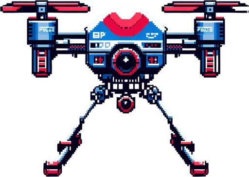 8 bit front image blue red scifi police drone.
Single Game Texture.  In-Game asset.  2d.  Blank background.  High contrast.  No shadows
