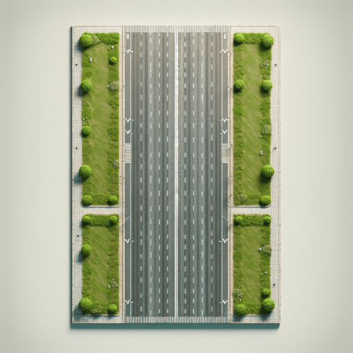 single large vertical road with no vehicles. similar to road fighter. grey color with pavement and grass on the side. orthographic top view.