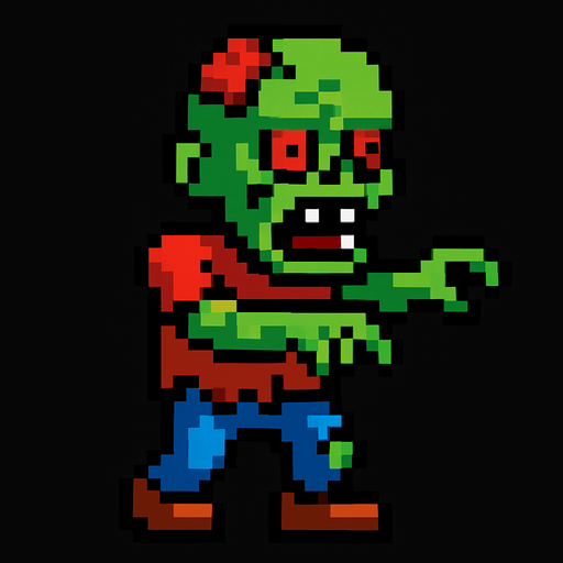 pixel zombie character.
In-Game asset.  2d.  High contrast.  No shadows
