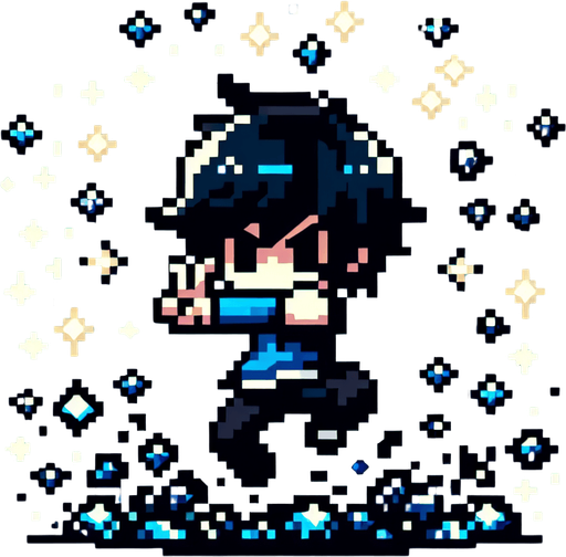 pixel person with black hair, black pants, black eyes, and blue clothes making a V with hands jumping in a rain of diamonds.
Single Game Texture.  In-Game asset.  2d.  Blank background.  High contrast.  No shadows