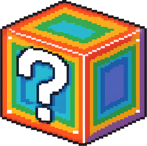 Caja de  Interrogación  alcoiris de líneas blancas estilo pixel art. No background. Transparent background. Blank background. No shadows. 2d. In-Game asset. flat
