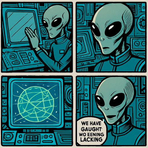 "Comic book style 4 panels of grey alien commander receiving transmission on holographic display showing Earth's internet infrastructure map,  text bubbles saying ' we have caught the humans lacking' , sci-fi comic book technology designs".
In-Game asset.  2d.  High contrast.  No shadows