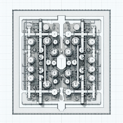 Simple Spice Refinery with silos and a rectangular fence..
Zenith view Directly overhead. Plumb view.