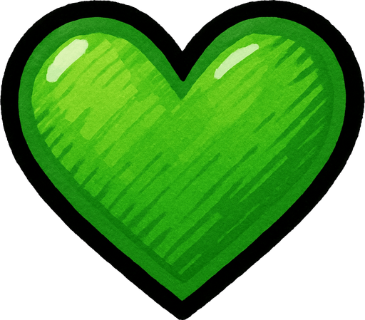 corazon verde dibujado.
In-Game asset.  2d.  High contrast.  No shadows