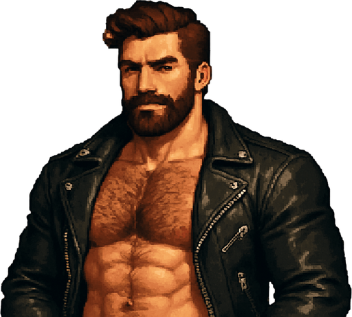 “he://done.ism 

uploaded: chasmlore” written out in black leather biker jacket shirtless hairy muscles hunks