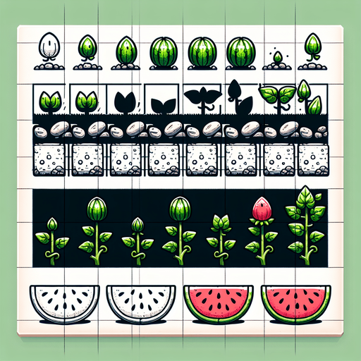 A spritesheet showing a watermelon plant in various stages of germantion, from seed over sapling and to full grown plant, and then the ripe watemelon. The sprites should be laid out in a rectangular grid with blank space between them.. Single Game Texture. In-Game asset. 2d. Blank background. High contrast. No shadows..
Single Game Texture. In-Game asset. 2d. Blank background. High contrast. No shadows.
