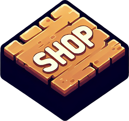 a text that is written "shop".
Single Game Texture. In-Game asset. 2d. Blank background. High contrast. No shadows.