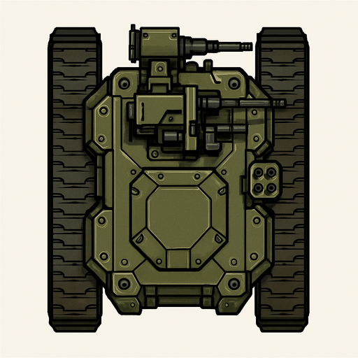 Top view of a Heavy armored military ground drone.
In-Game asset.  2d.  High contrast.  No shadows