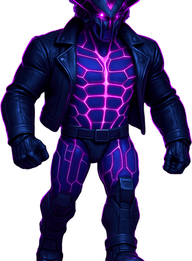 Black leather biker jacket longsleeves bare segmented neon cyberpunk pecs abs muscles robot monster hunk Neon cyberpunk 3d hologram corporate occult demon android mecha robot sentinel guard soldier machine monster fully in frame no part cut off no background anime futuristic Background removed, "Full-body character, entirely in frame, no cropping of face, head, or feet" "Complete character visible, from head to toe, fully centered in the image" "Entire character, including face and boots, fully within the frame" Character fully contained within a square frame, no edges cut off  horns through boots Walking animation