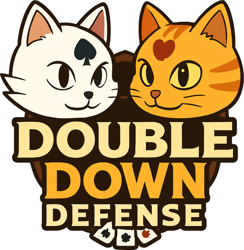 Incorporate these two cats heads into a game logo for a poker based tower defense that includes the name “Double Down Defense”. Put their heads offset on either side with eyes open and looking at the logo.