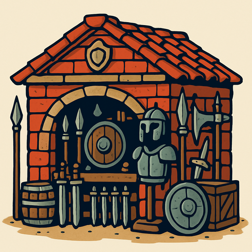 Eski çağ savaş malzemesi dükkanı.
In-Game asset.  2d.  High contrast.  No shadows