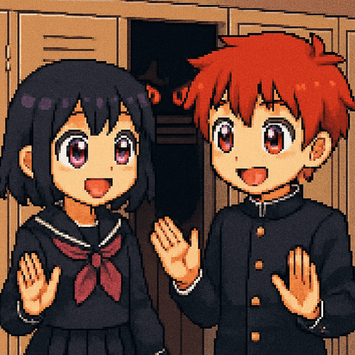 Pixel art. A red-haired 15-year-old anime-style boy with red eyes and a girl with purple eyes in Japanese school uniforms, both with large, expressive eyes and oversized irises to look super kawaii, are talking cheerfully while looking into each other’s eyes and gesturing with their hands. They are standing very close to a row of school lockers. In the center locker, a pair of glowing red eyes peer through the slats. The eyes belong to a hidden yandere—obsessed, crazy, and jealous—whose face and body remain completely obscured in the darkness inside the locker. The mood is lighthearted between the boy and girl, contrasting with the eerie presence watching them from the shadows.