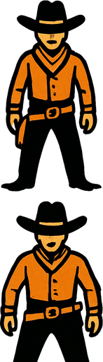 a western setting duel arena, place one cowboy at the top of the screen facing down and another cowboy at the bottom facing up.
In-Game asset.  2d.  High contrast.  No shadows