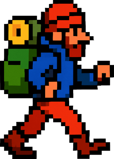 Personaje que sea un alpinista pixelado con una gran mochila que este en movimiento caminando 
In-Game asset.  2d.  High contrast.  No shadows