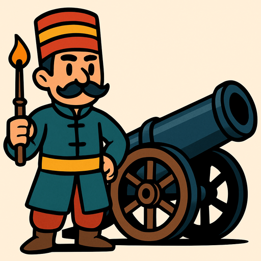 Animasyon çizgi dizi tarzında osmanlı topçusu ekle bu askerin yanında savaş topuda olsun.
In-Game asset.  2d.  High contrast.  No shadows